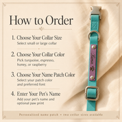 How to order a personalized leather dog collar by choosing size, colors, font, name, and paw print