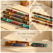 Personalized leather dog collars in large 3/4-inch and small 1/2-inch widths with engraved pet names and paw prints.
