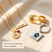 Paw print keepsake necklaces, rings and keychain image with “Pet Lover Collection Now Available” text, sentimental memorial jewelry for pet loss.