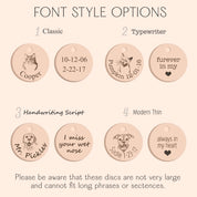 Font style options for custom pet portrait keychain engraving, showing different text styles for pet names, dates, or short messages. Personalization guide for engraved pet keychains, designed to help create a meaningful and unique pet keepsake gift for dog and cat owners.