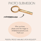 Photo submission instructions graphic for custom soundwave bar keychain, showing engraved sound wave on vertical bar, sample waveform art, and text directing customers to email their audio image to info@daniquejewelry.com
 for a digital proof.