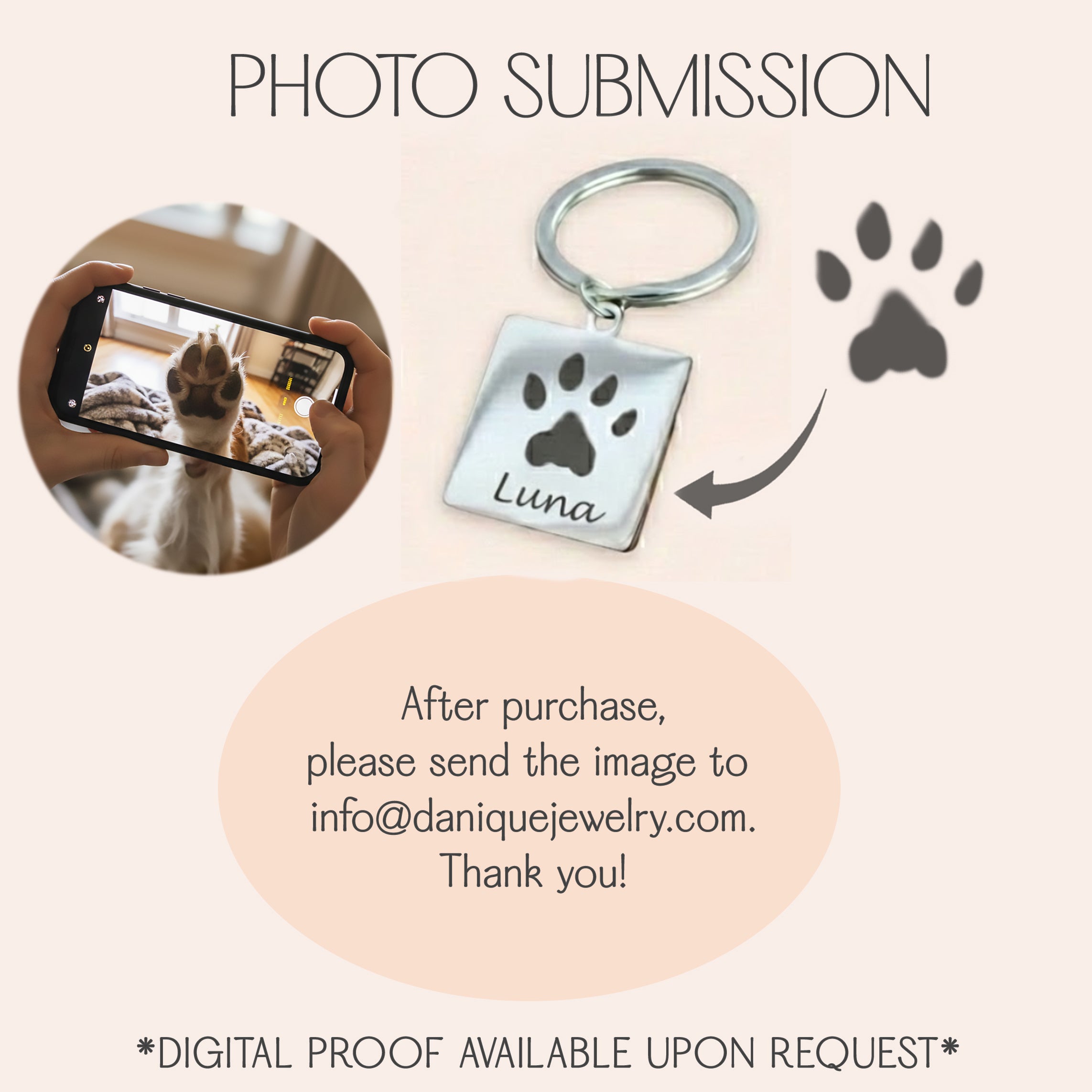 Custom pet paw print keychain photo submission guide showing how to create a personalized dog or cat paw print keychain from a real pet photo. The image illustrates a customer taking a clear photo of their pet’s paw with a smartphone and the finished engraved stainless steel paw print keychain with a pet name engraved below. This visual explains the easy personalization process for ordering a custom pet memorial or everyday pet keepsake keychain, ideal as a gift for dog moms, cat dads, pet lovers, or as a r