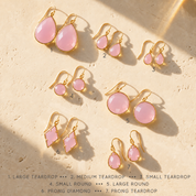 Pink Chalcedony earring shape and size options including teardrop, round and prong
