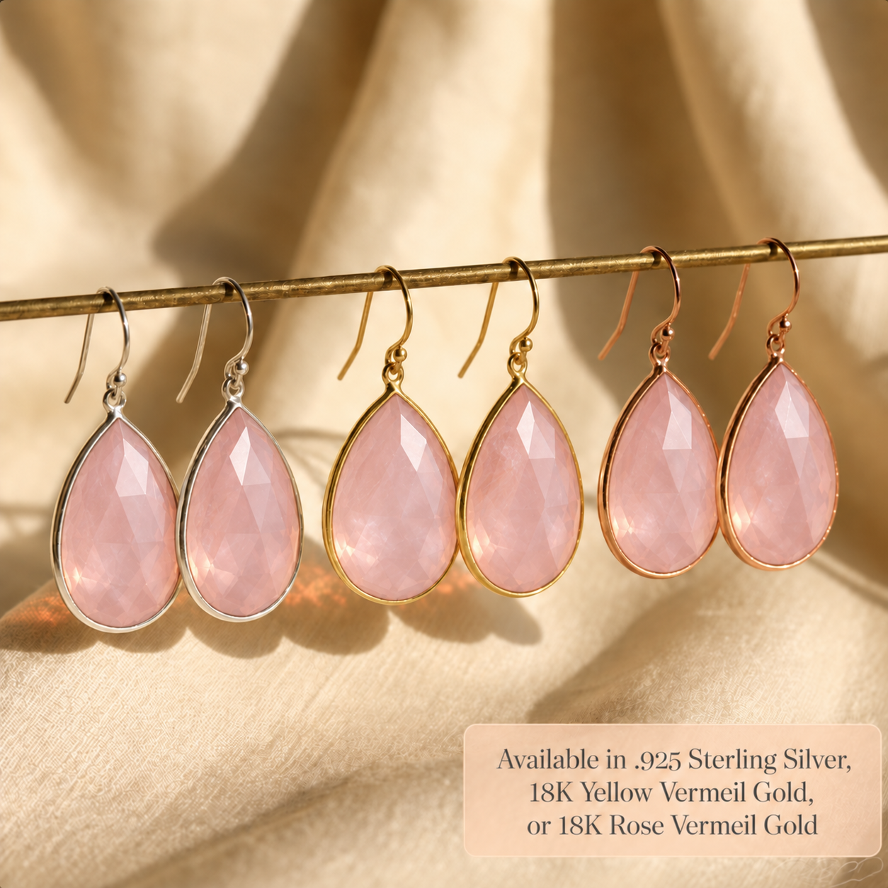 Pink Chalcedony large teardrop earrings displayed in multiple metal finishes and earwire styles.

