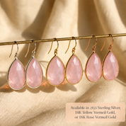 Pink Chalcedony large teardrop earrings displayed in multiple metal finishes and earwire styles.
