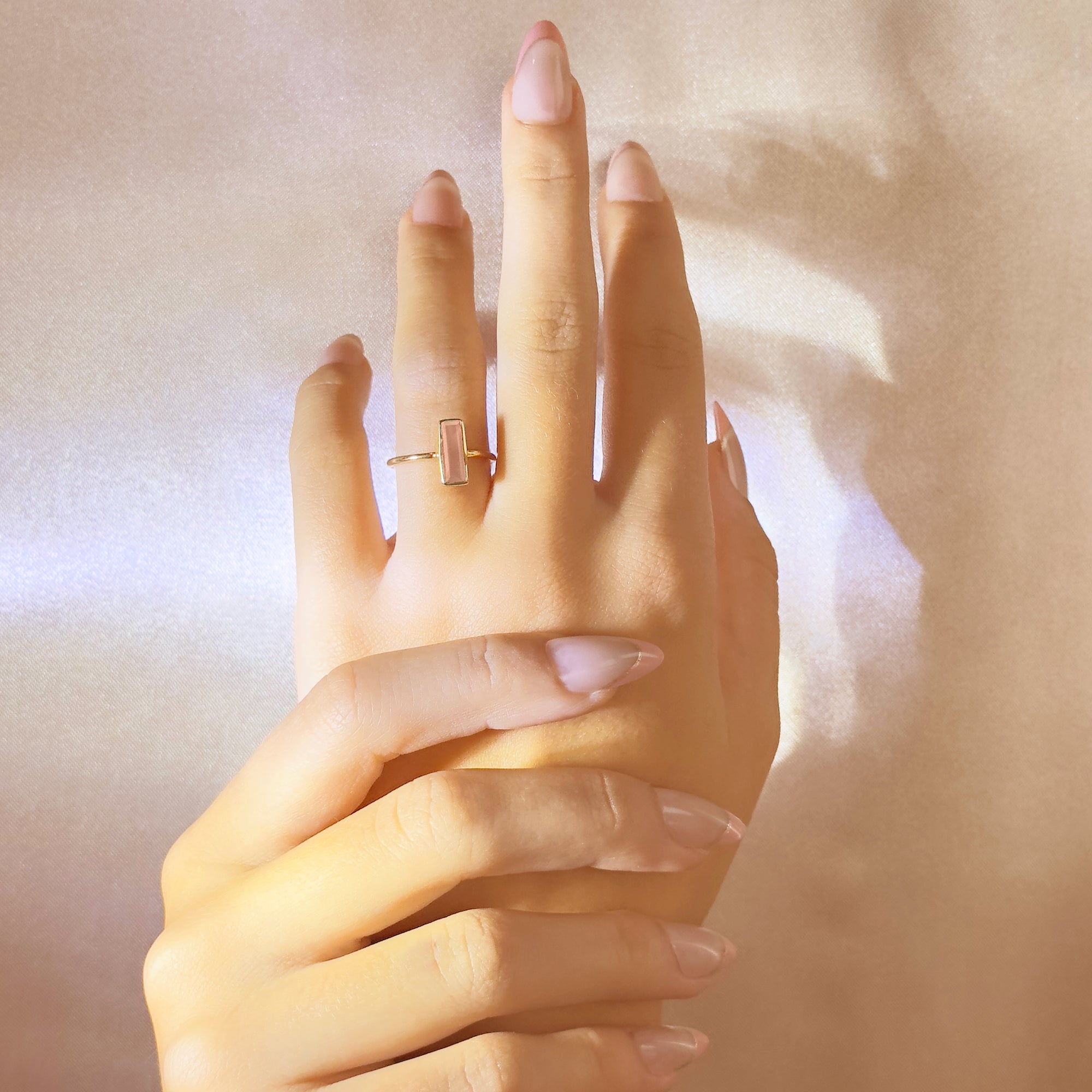 Tiny Pink Chalcedony Bar Ring : October Birthstone