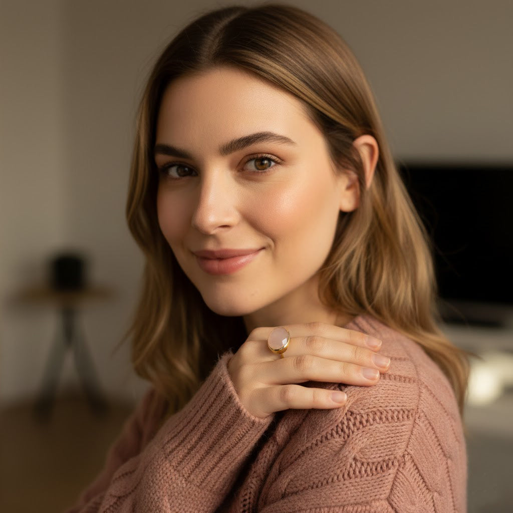 Pink chalcedony oval ring styled on model, gold bezel gemstone ring for women, soft blush statement stacking jewelry for modern minimal look