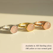 Oval pink chalcedony rings in sterling silver, yellow gold and rose gold settings, minimalist stacking gemstone jewelry collection