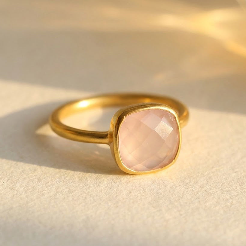 Cushion cut pink chalcedony ring in gold vermeil, October birthstone ring for women, blush gemstone minimalist statement ring, feminine pastel jewelry gift for her