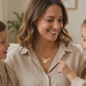 Video showcasing Gold filled mom necklace with freshwater pearl and oval children’s name tags