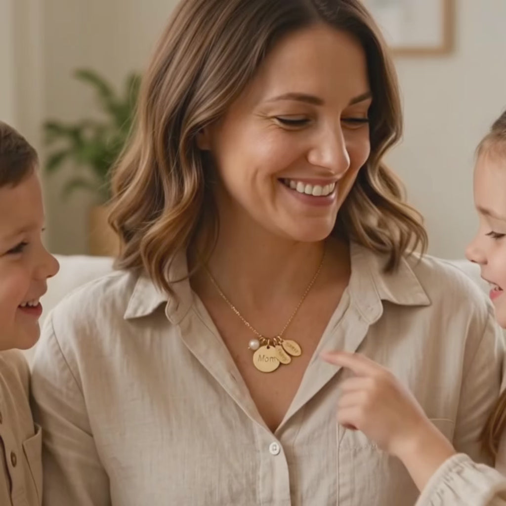 Video showcasing Gold filled mom necklace with freshwater pearl and oval children’s name tags