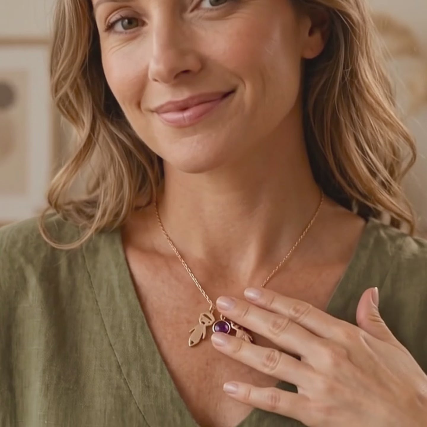 A video showcasing Personalized mom necklace with two engraved child charms and birthstone pendants on a rose gold chain.
