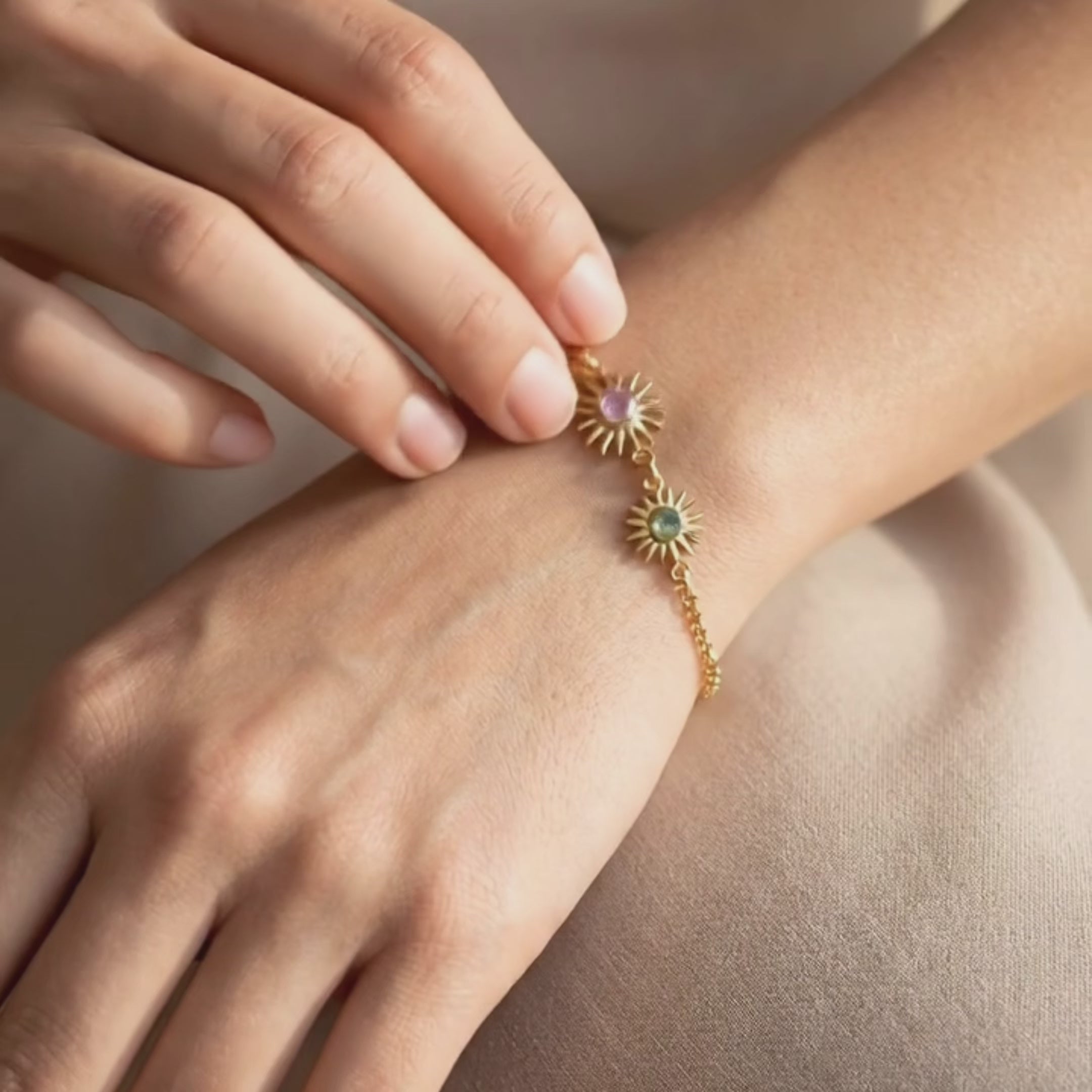 Sunburst custom birthstone bracelet for mom in gold featuring two colorful gemstones on a delicate chain, personalized family jewelry gift for mother, handmade minimalist birthstone bracelet worn on wrist