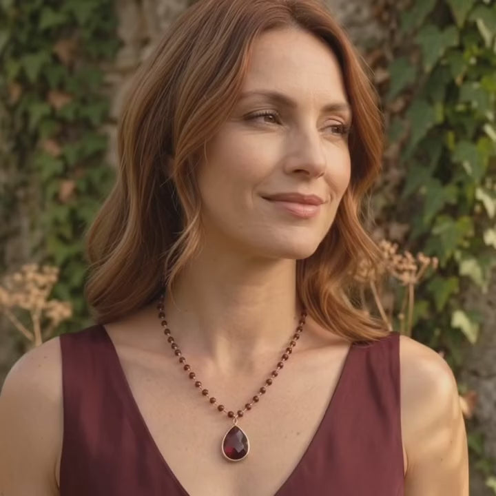 A video showcasing a Custom teardrop birthstone necklaces with natural black green and labradorite gemstones
