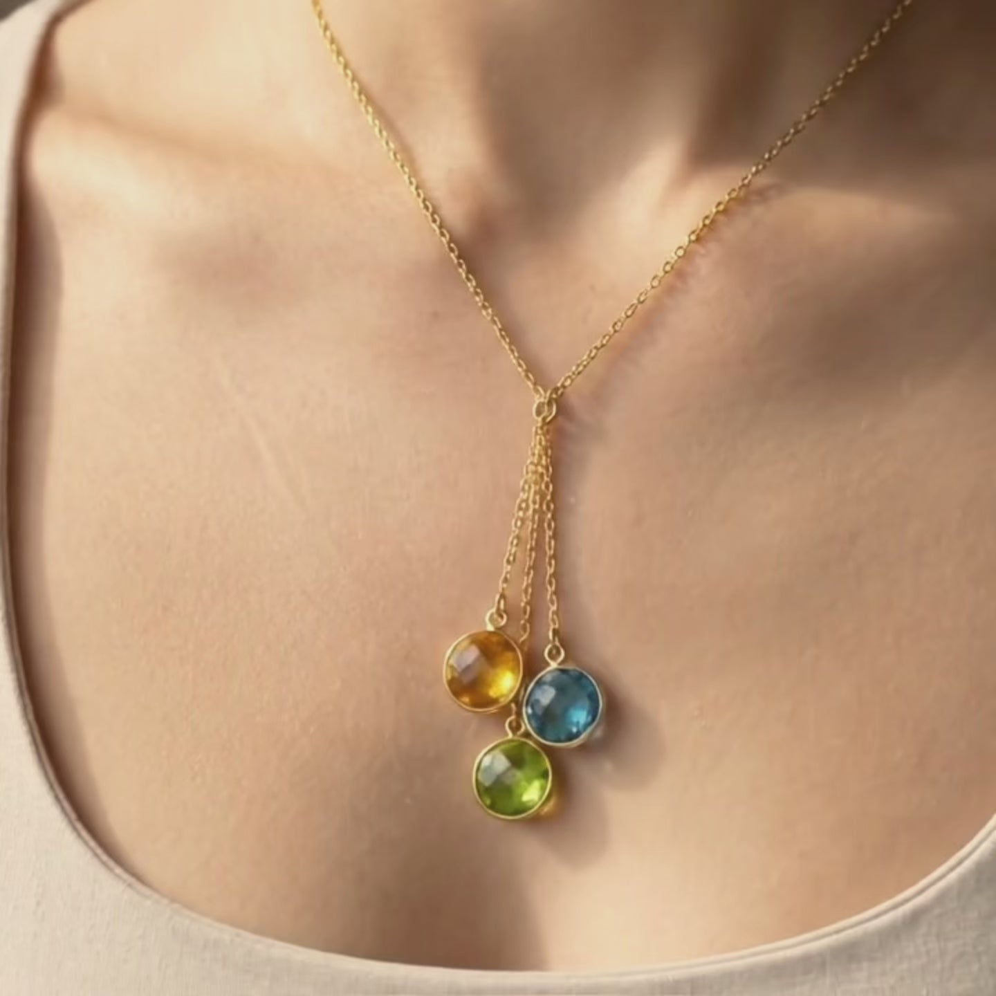 video showcasing birthstone lariat necklace, dainty gold Y necklace with custom birthstones