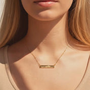 Video showcasing custom skyline bar necklaces in rose gold filled, yellow gold filled, and sterling silver, featuring engraved city skyline designs on dainty bar pendants; personalized travel jewelry, meaningful city necklace gift for her, bridesmaids, graduation, or long-distance friendship.