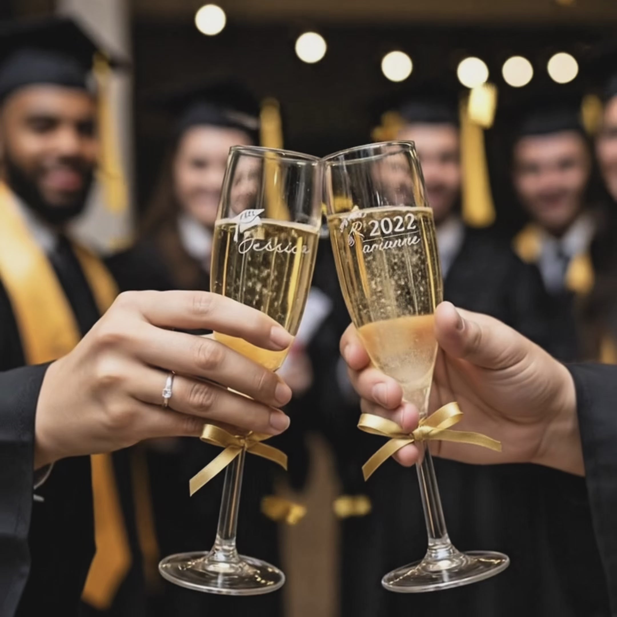 Video showcasing custom engraved champagne glass, personalized wedding toasting flute with name and date, bridal party and couple gift idea, elegant etched champagne flute for bride, groom, bridesmaids, anniversary or celebration.