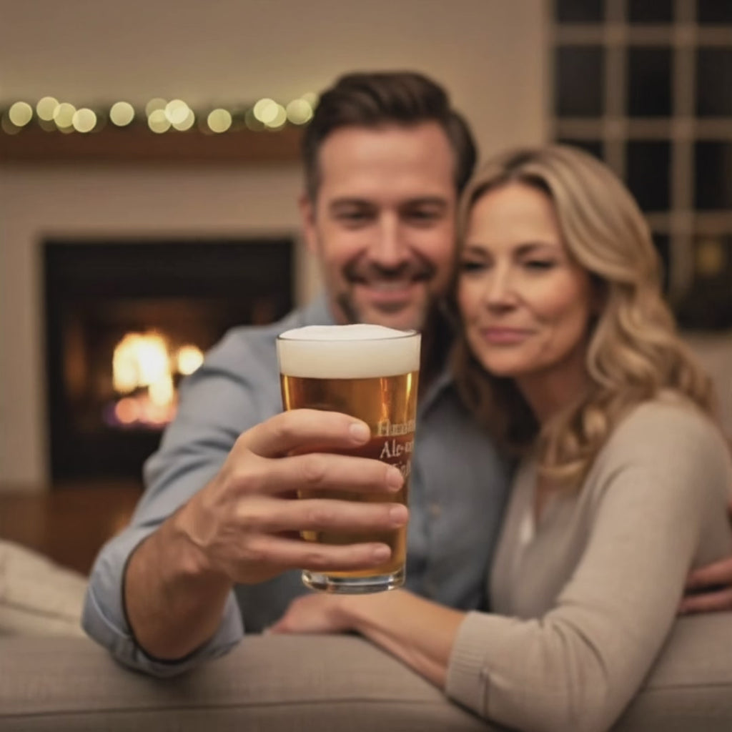 Video showcasing personalized engraved beer glass, custom pint pint glass with name and monogram, unique beer lover gift for him, groomsmen or best man gift, Father’s Day or birthday present, durable etched barware shown in use with craft beer pouring.