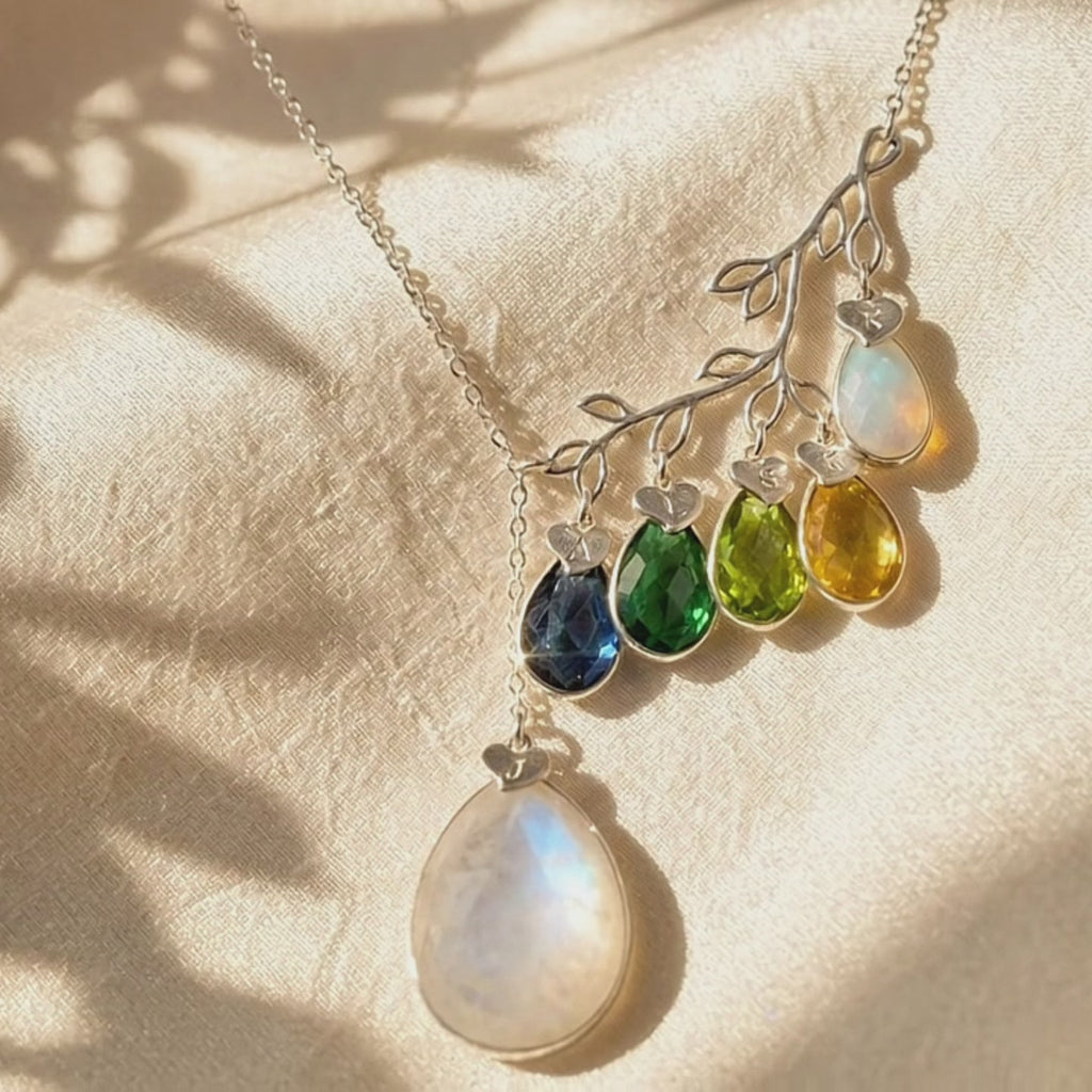 A video showcasing family tree birthstone necklace for mom gold branch necklace with multiple gemstones