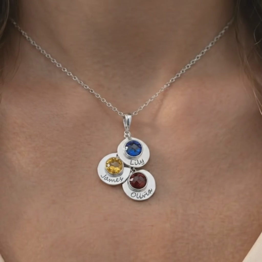 personalized mom birthstone necklace video, engraved kids names necklace, custom mother jewelry with birthstones, family necklace gift for mom