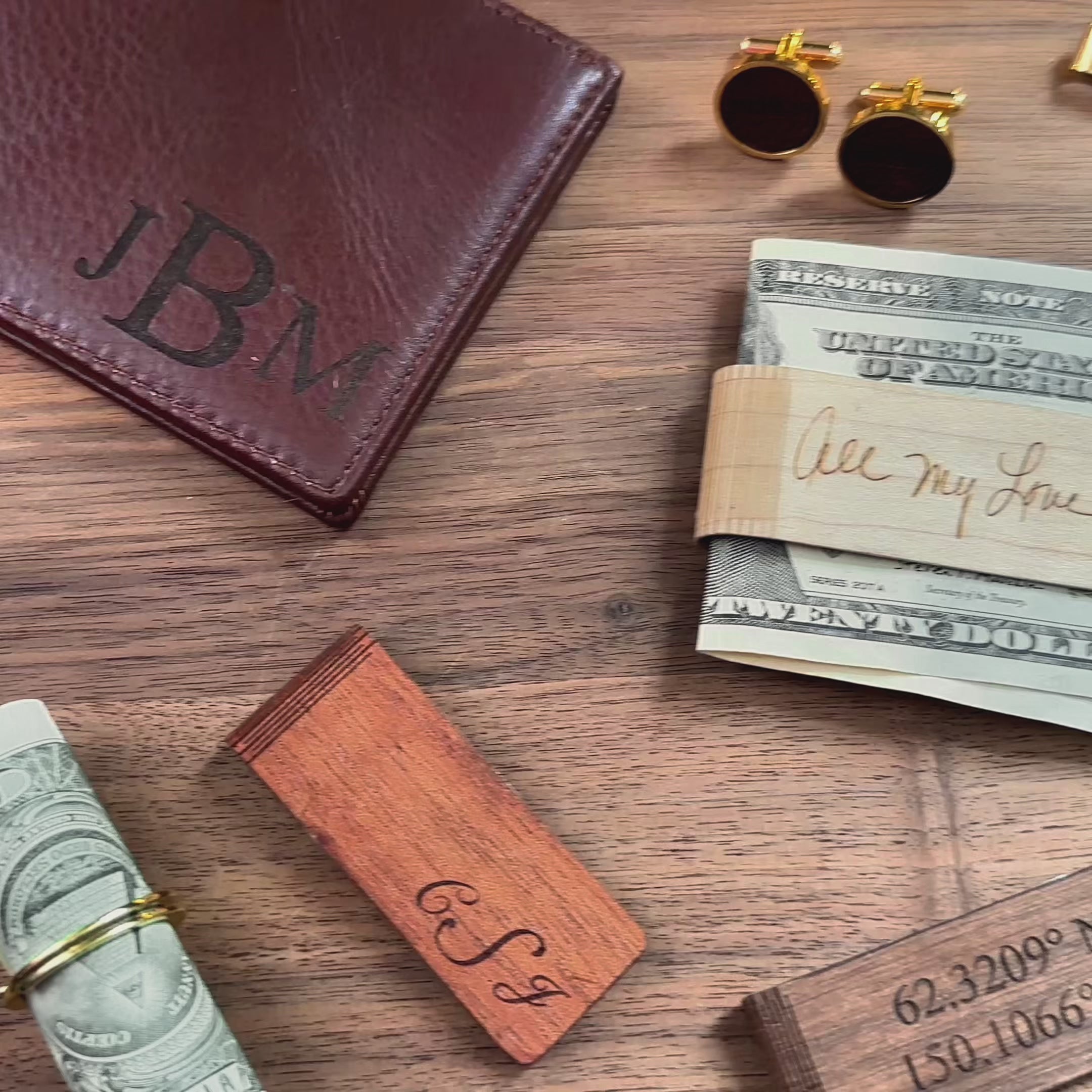 Wooden money clips in various finishes displayed with leather wallet, passport holder, and cufflinks. Personalized engraving options include monogram, coordinates, handwriting, or short phrases. Ideal for wedding parties, anniversaries, Father’s Day, or retirement celebrations. Crafted from walnut, cherry, or maple wood with precision laser engraving for a timeless keepsake.