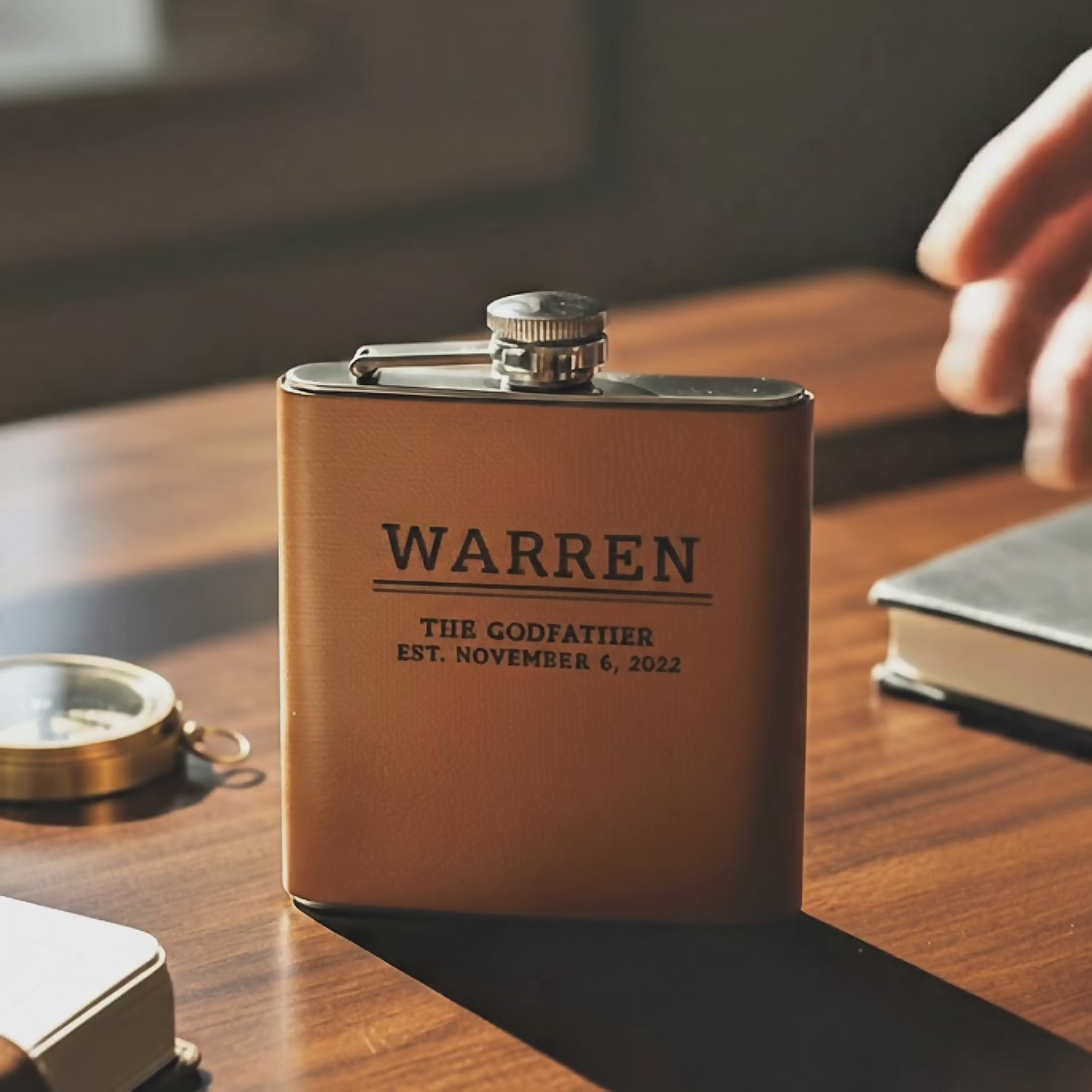 Video of a custom engraved leather flask with personalized name and date, genuine leather wrapped stainless steel flask gift for him, Valentine’s Day gift for boyfriend or husband, romantic personalized anniversary keepsake, groomsmen or whiskey lover gift