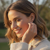 Custom birthstone flower earrings in gold featuring dainty floral drop designs with colorful gemstone centers, personalized floral jewelry for women, handmade birthstone dangle earrings in large and small flower styles