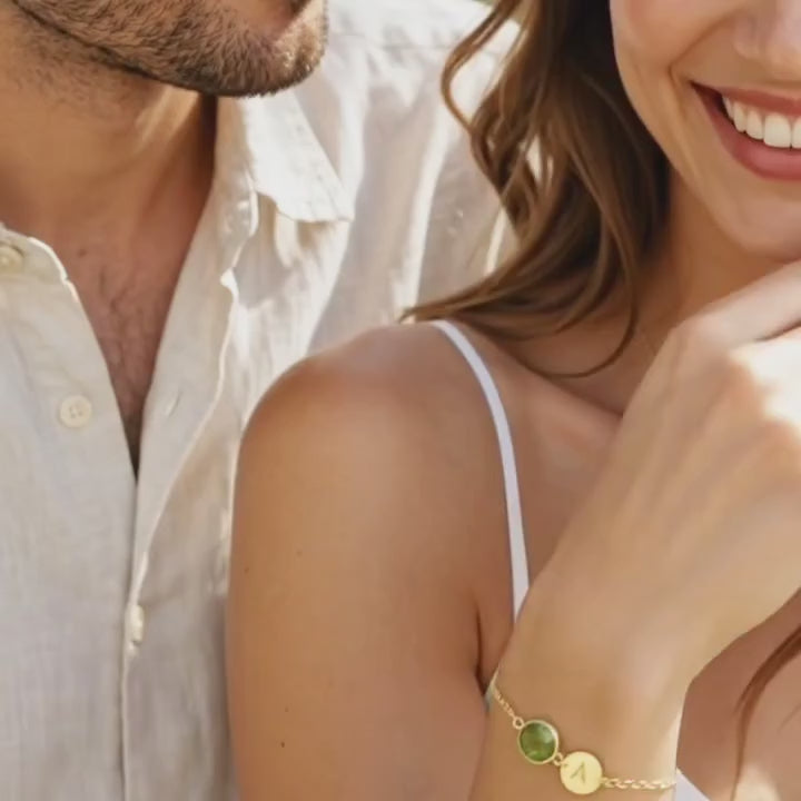 Video showing a personalized birthstone bracelet with gemstone and charm details, available in all birthstone options and multiple metal finishes.