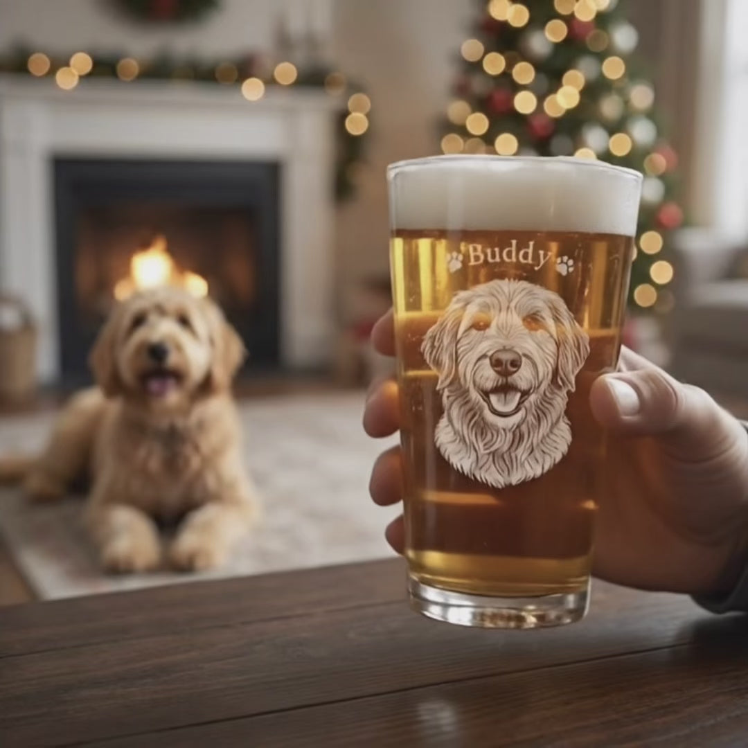 Video showcasing personalized engraved beer glass, custom pint pint glass with name and monogram, unique beer lover gift for him, groomsmen or best man gift, Father’s Day or birthday present, durable etched barware shown in use with craft beer pouring.