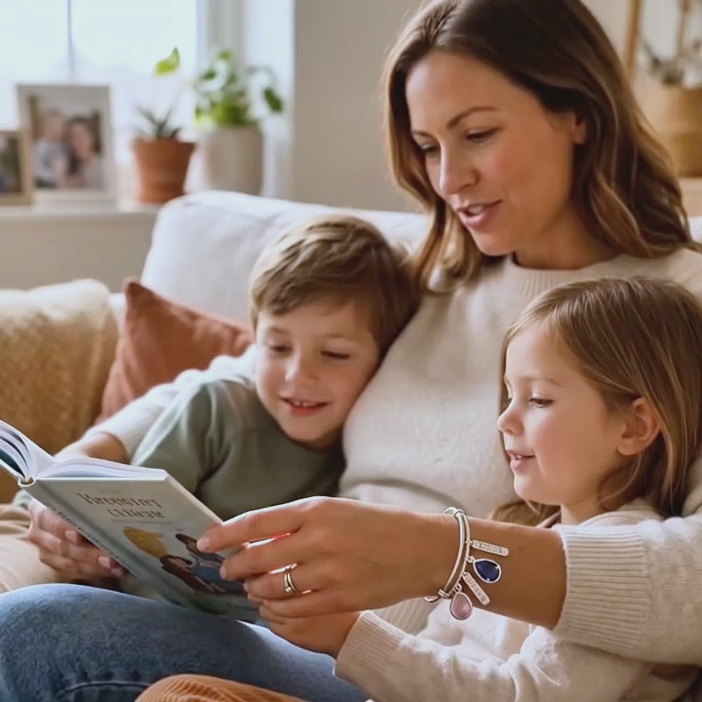 A video showcasing a personalized silver family birthstone bangle with engraved name charms and green and blue teardrop gemstones.