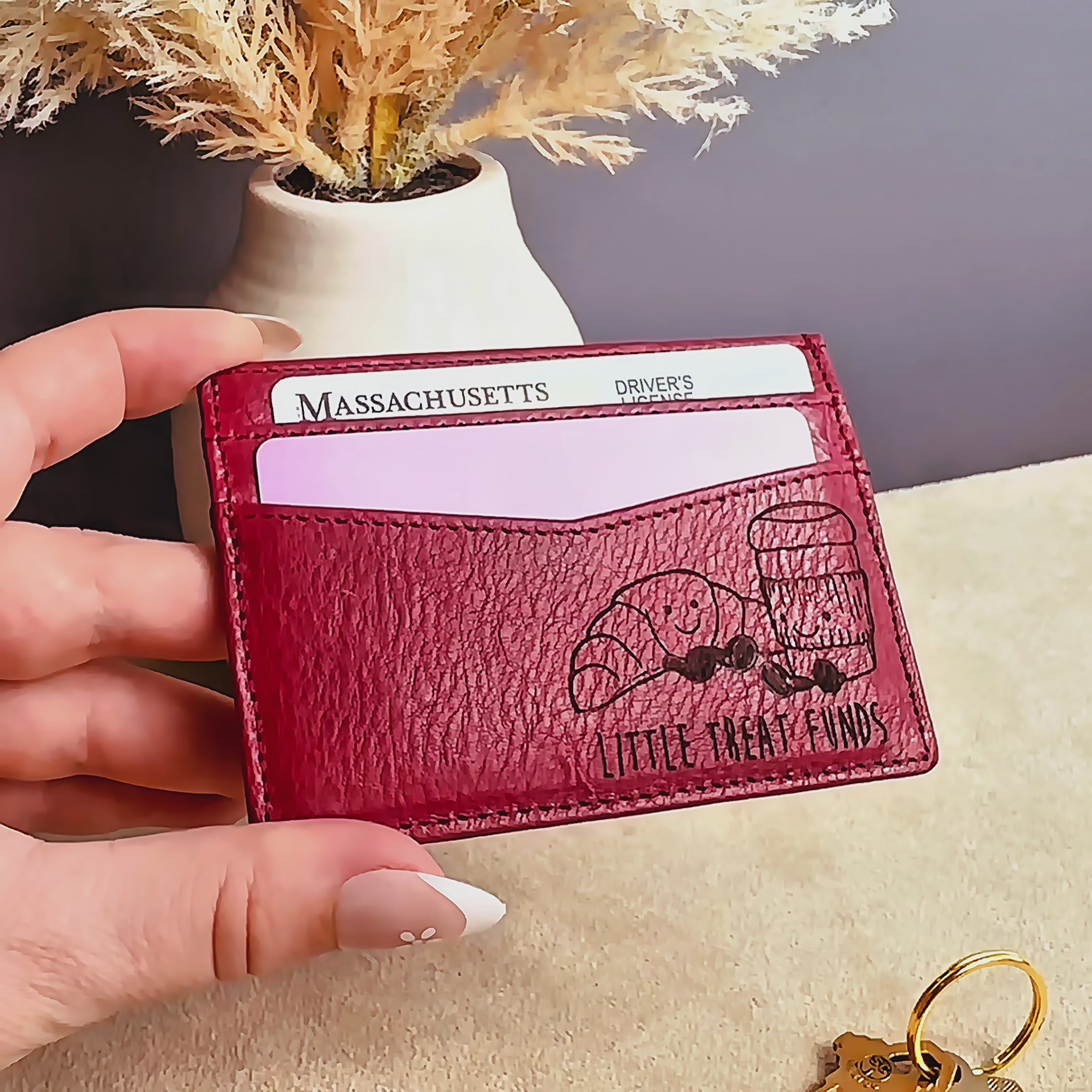 Video showcasing a personalized genuine leather card holder wallet engraved with initials and message. Handcrafted from natural full-grain leather, this custom wallet makes a perfect gift for husband, dad, or boyfriend for Christmas, anniversary, or Father’s Day.