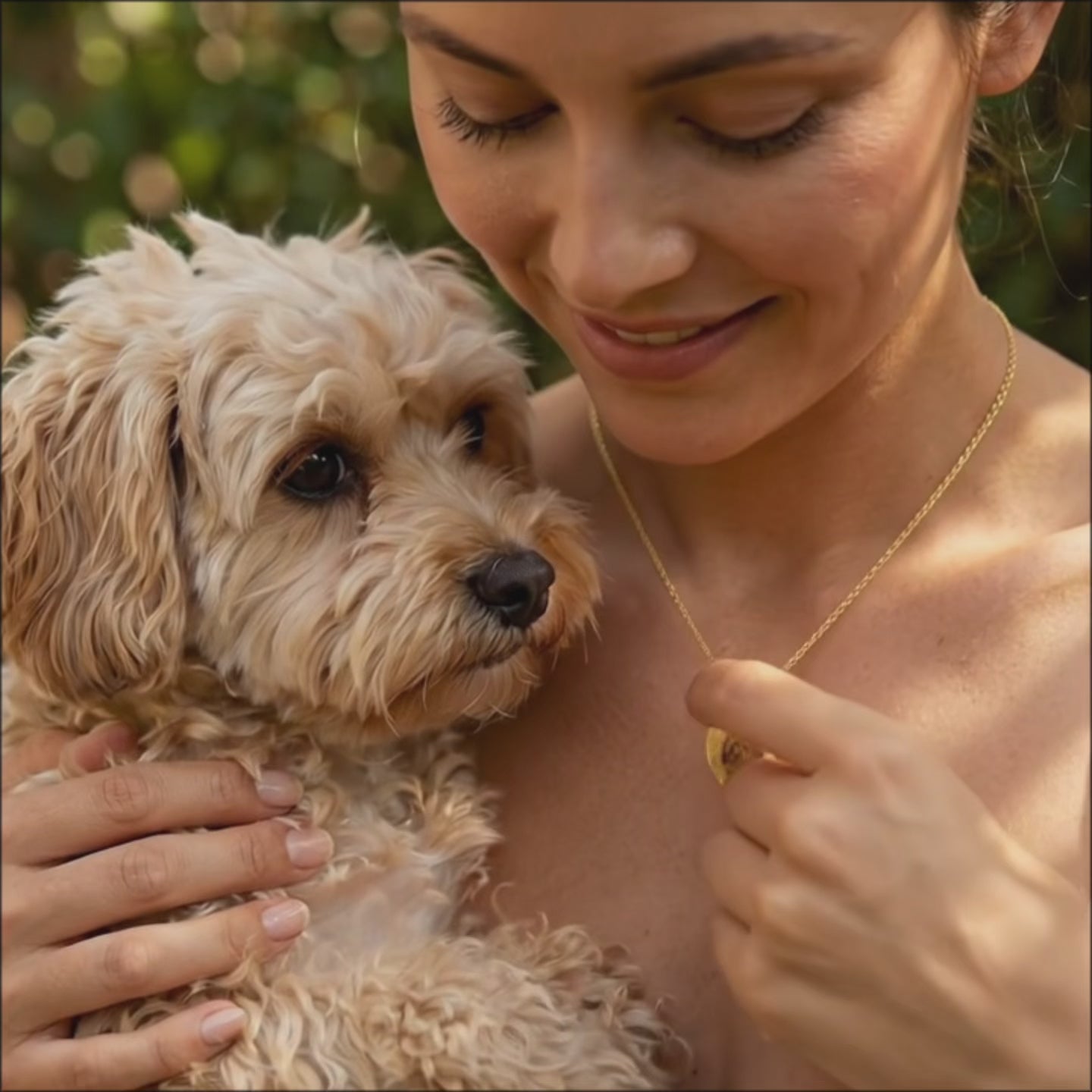 Personalized pet portrait necklace video showing a custom engraved pet photo pendant, a meaningful keepsake gift for dog or cat lovers.
