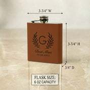 Personalized engraved leather flask with monogram and date, 6 oz capacity hip flask with size dimensions shown, custom groomsmen flask gift, brown leather flask engraved for best man, wedding party gift for him, anniversary or Valentine’s Day keepsake