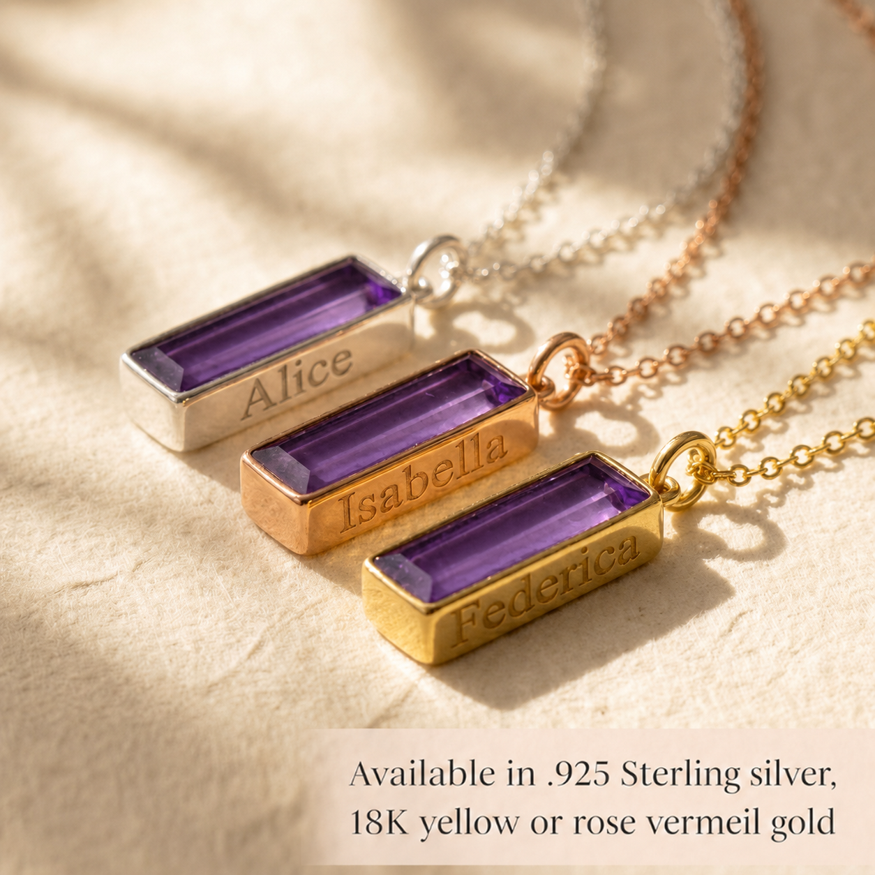 Amethyst baguette birthstone bar necklace, personalized name pendant February Birthstone : Adira Series
