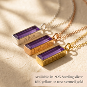 Amethyst baguette birthstone bar necklace, personalized name pendant February Birthstone : Adira Series