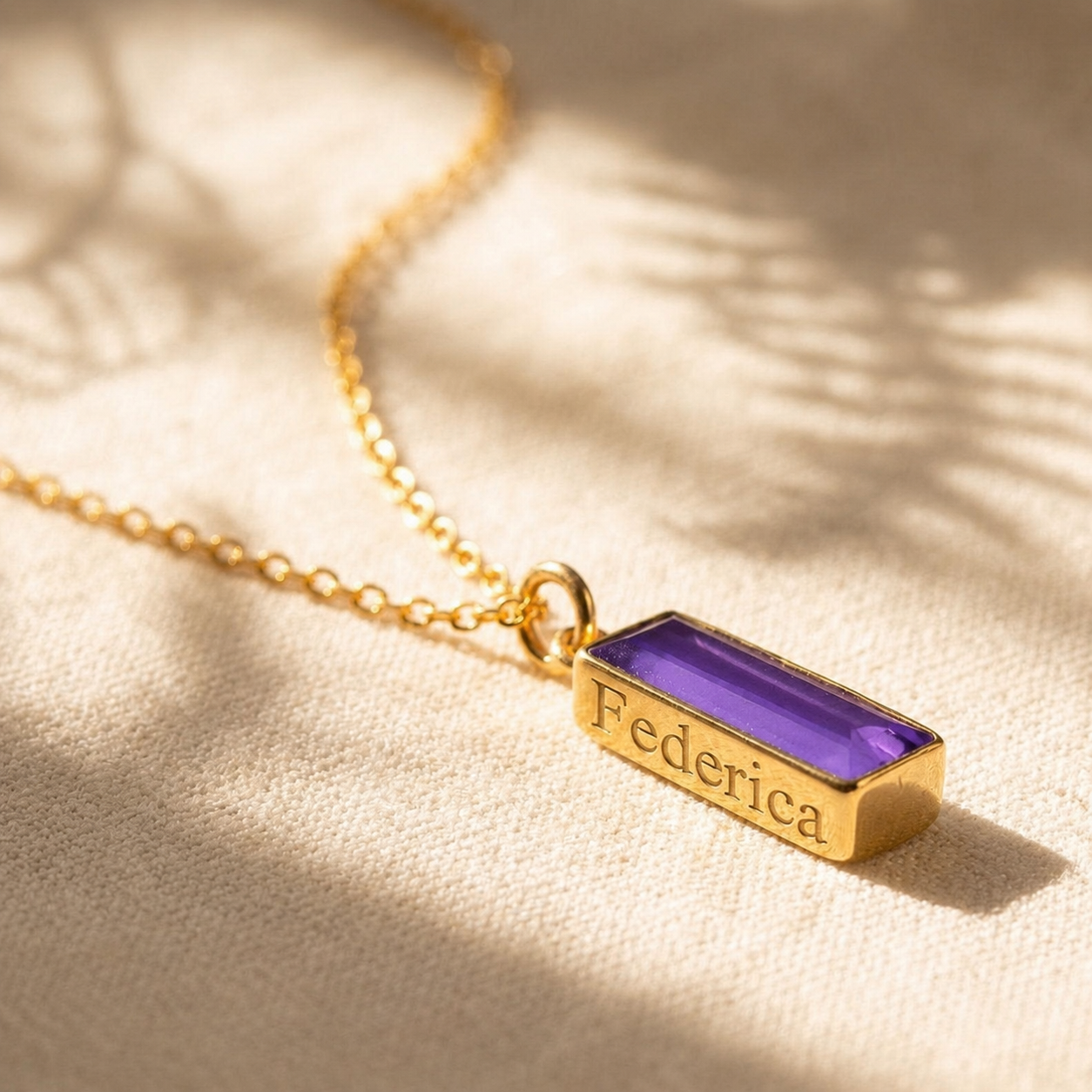 Amethyst baguette birthstone bar necklace, personalized name pendant February Birthstone : Adira Series