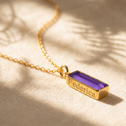 Amethyst baguette birthstone bar necklace, personalized name pendant February Birthstone : Adira Series