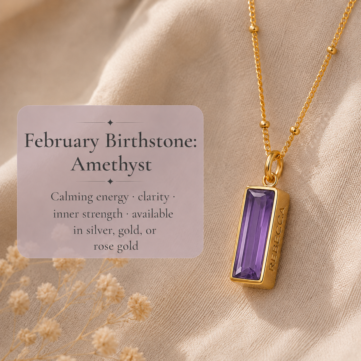 Amethyst baguette birthstone bar necklace, personalized name pendant February Birthstone : Adira Series