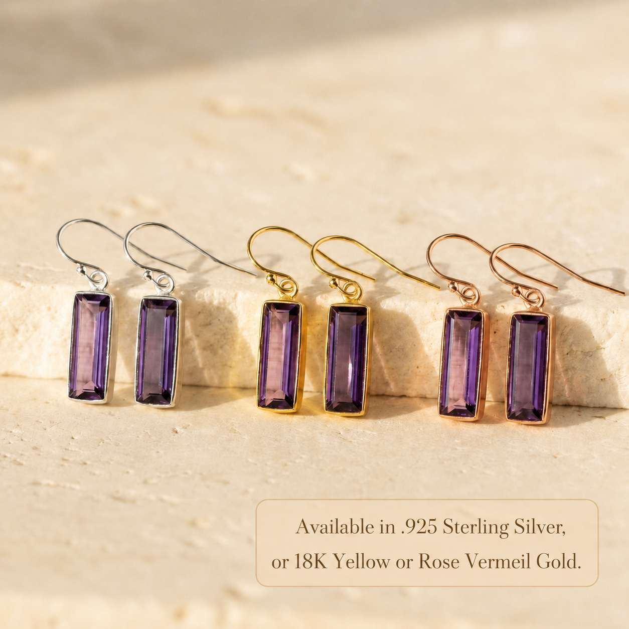 Amethyst bar earrings in sterling silver, yellow gold, and rose gold vermeil