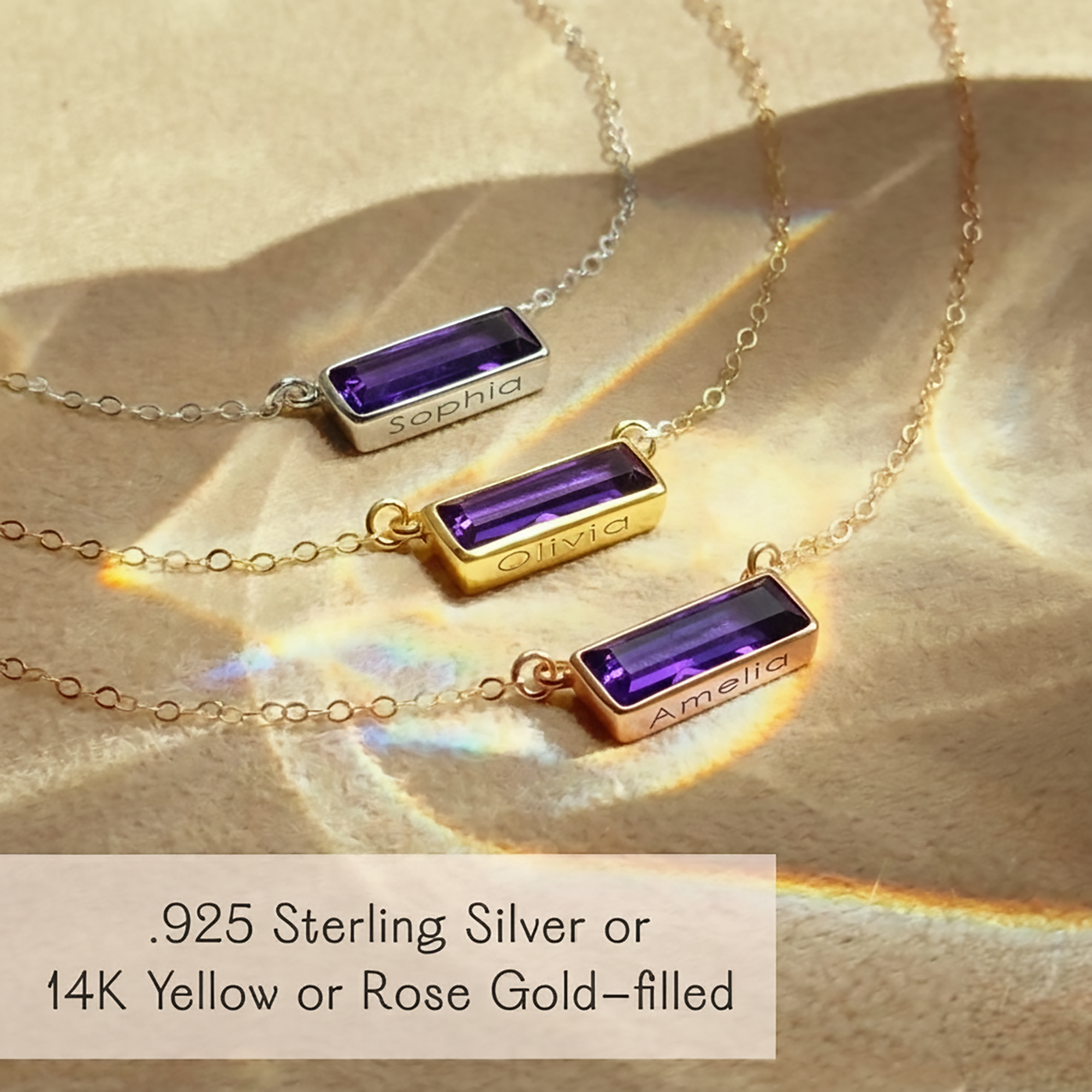 Birthstone bar necklaces with rectangular purple amethyst stones shown in sterling silver, yellow gold, and rose gold