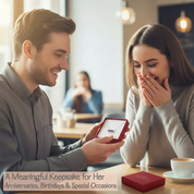 Man gifting his girlfriend a personalized amethyst necklace with their anniversary date.