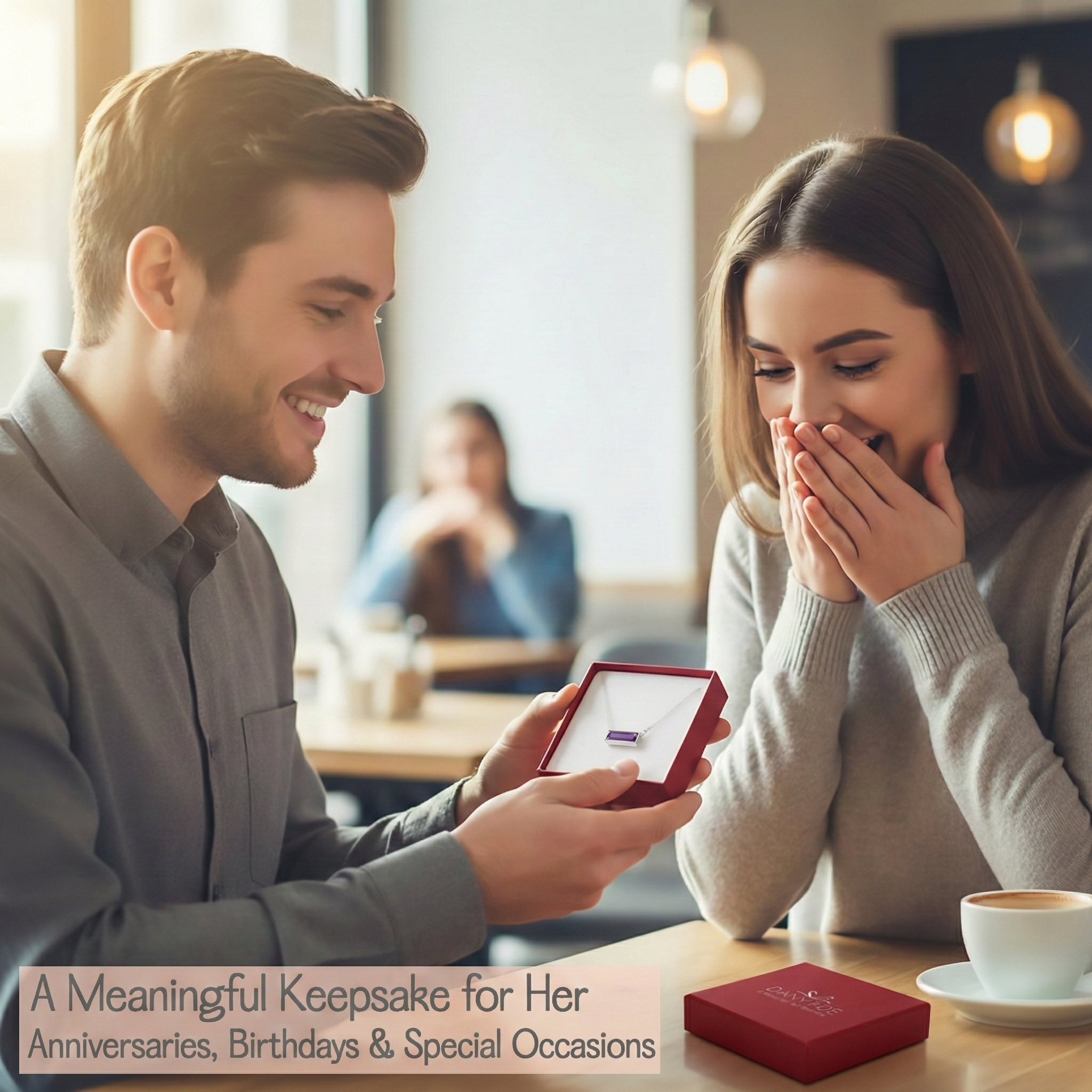 Man gifting his girlfriend a personalized amethyst necklace with their anniversary date.
