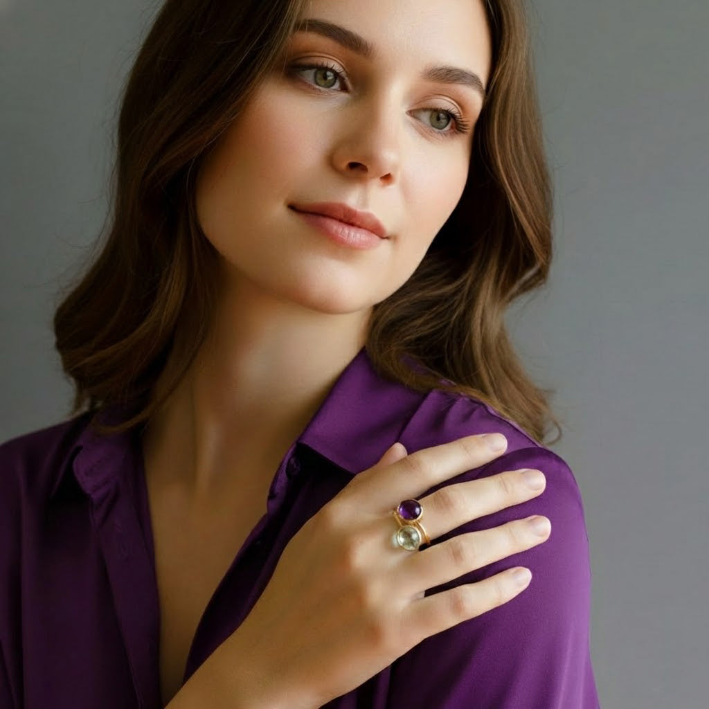 Model wearing green amethyst oval bezel set ring, minimalist February birthstone jewelry styled for everyday elegance, dainty gold gemstone ring for women