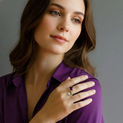 Model wearing green amethyst oval bezel set ring, minimalist February birthstone jewelry styled for everyday elegance, dainty gold gemstone ring for women