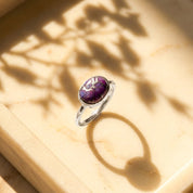 Oval Purple Copper Turquoise Cabochon Ring, Bezel Set December Birthstone Ring in Sterling Silver, Gold or Rose Gold