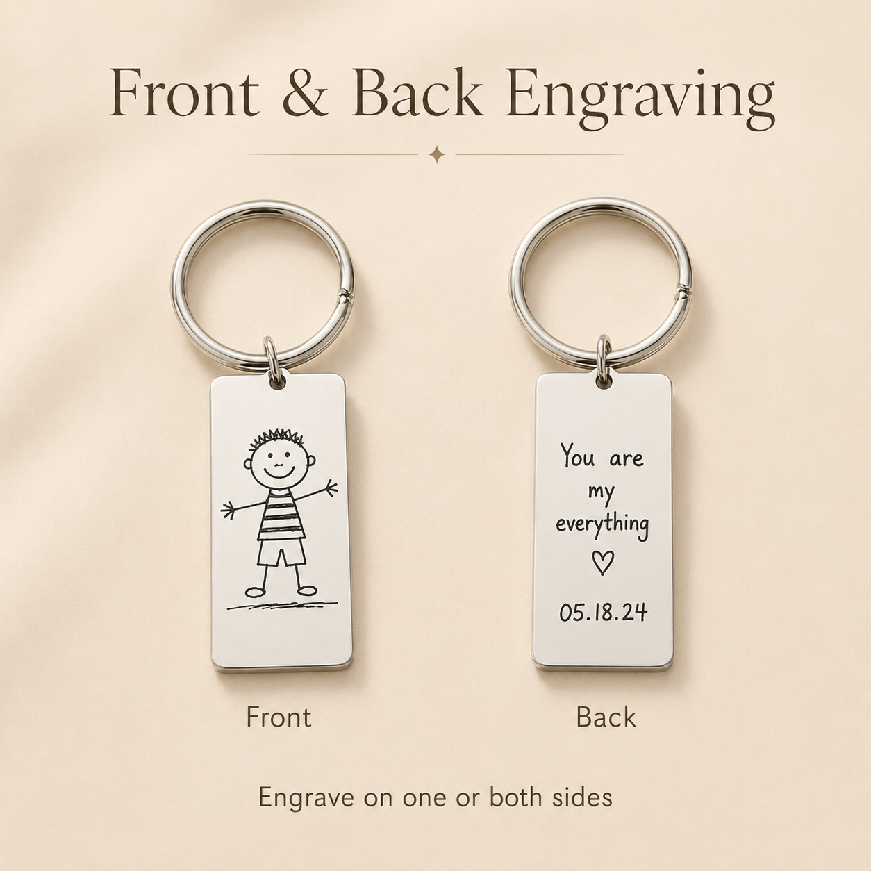 Front and back engraving guide showing a child’s drawing on the front and a handwritten message and date on the reverse.
