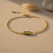 Custom engraved birthstone bracelet in 14K gold filled featuring a single rectangular gemstone connector, minimalist personalized bracelet for one child or individual, delicate adjustable chain design perfect as a birthday gift, Mother’s Day gift, or everyday custom jewelry keepsake.