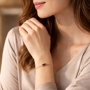 Minimalist custom birthstone bracelet worn on wrist, personalized engraved gemstone bar bracelet in gold filled chain, dainty everyday jewelry for women, meaningful gift for mom, wife, girlfriend or daughter featuring one child’s birthstone.