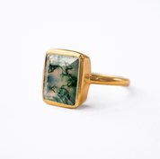 Large Rectangle Moss Agate Ring viewed from an angle in vermeil Rose Gold on a white background. Rose Gold Moss Agate Ring, Rose Gold Statement Ring for Her, New Beginnings Gemstone Ring, Gift for Crystal Lovers, Large Moss Agate Ring