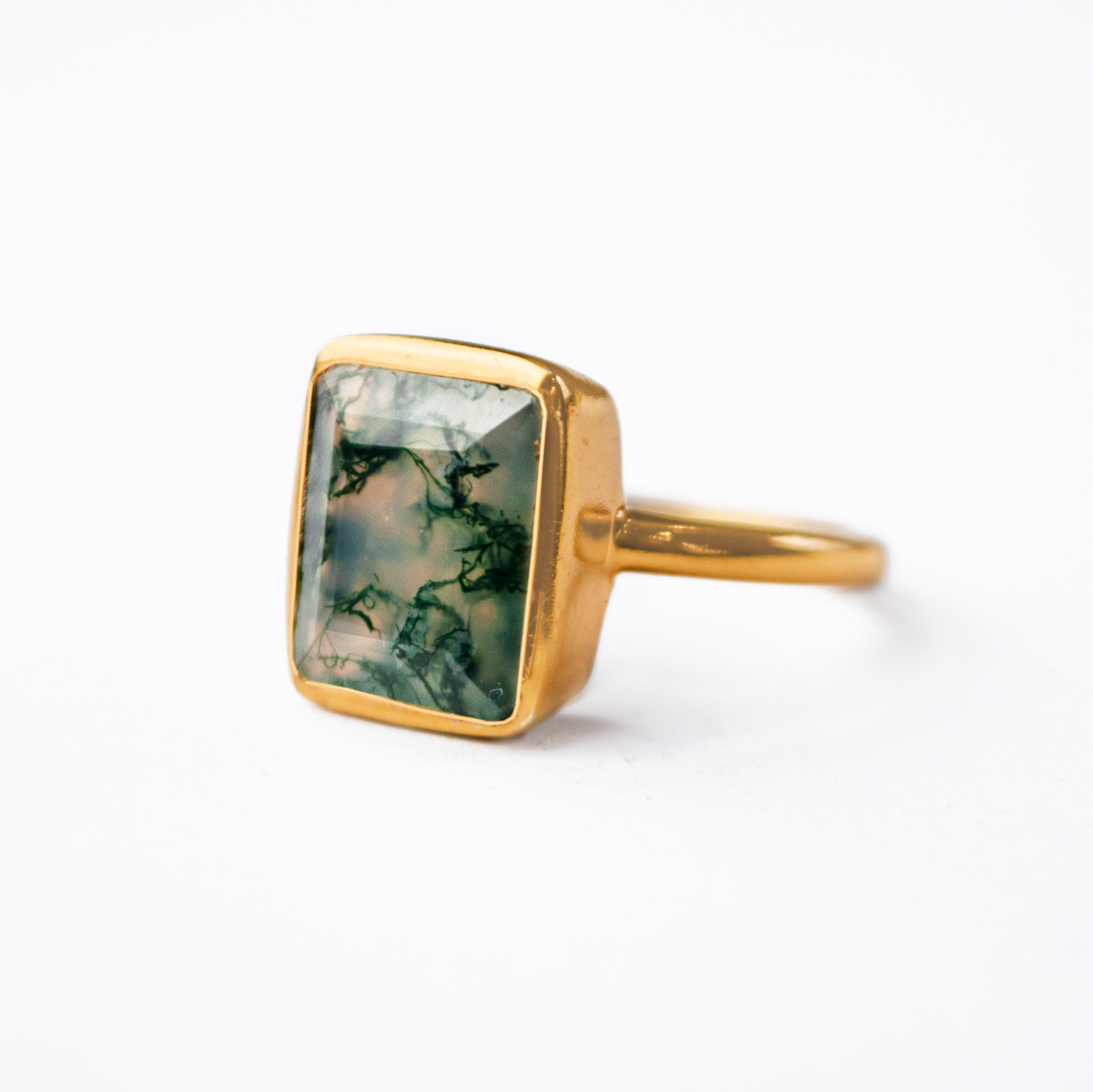 Large Rectangle Moss Agate Ring viewed from an angle in vermeil Rose Gold on a white background. Rose Gold Moss Agate Ring, Rose Gold Statement Ring for Her, New Beginnings Gemstone Ring, Gift for Crystal Lovers, Large Moss Agate Ring